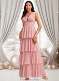 Khloe A-line V-Neck Floor-Length Chiffon Bridesmaid Dress STKP0025749