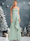 Savanah A-line Square Floor-Length Satin Bridesmaid Dress With Ruffle STKP0025736