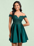 Aspen A-line Off the Shoulder Short Lace Satin Homecoming Dress With Rhinestone STKP0025718