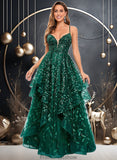 Janelle Ball-Gown/Princess V-Neck Floor-Length Lace Floral Prom Dresses With Sequins STKP0025838