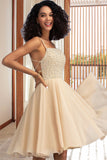 Sal A-line Square Knee-Length Chiffon Homecoming Dress With Beading Sequins STKP0020575