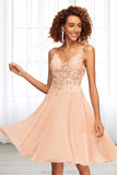 Jazlynn A-line V-Neck Knee-Length Chiffon Lace Homecoming Dress STKP0020527