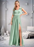 Jessica A-line V-Neck Floor-Length Stretch Satin Bridesmaid Dress With Bow STKP0025737