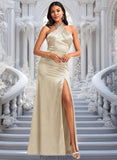 Jeanie A-line Halter Floor-Length Stretch Satin Bridesmaid Dress STKP0025761