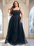 Ellen A-line Square Floor-Length Organza Lace Floral Prom Dresses With Sequins STKP0025844