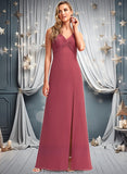 Vivian A-line V-Neck Floor-Length Chiffon Bridesmaid Dress STKP0025753