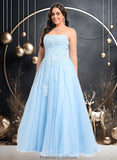 Monica Ball-Gown/Princess Straight Sweep Train Tulle Prom Dresses With Sequins Appliques Lace STKP0025864