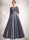 Charlie A-line Scoop Illusion Floor-Length Lace Satin Mother of the Bride Dress With Bow Sequins STKP0021633