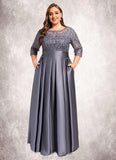 Charlie A-line Scoop Illusion Floor-Length Lace Satin Mother of the Bride Dress With Bow Sequins STKP0021633