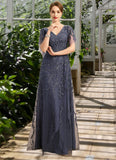 Melina A-line V-Neck Floor-Length Lace Tulle Mother of the Bride Dress With Sequins STKP0021635