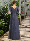 Melina A-line V-Neck Floor-Length Lace Tulle Mother of the Bride Dress With Sequins STKP0021635