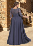 Audrey A-line Scoop Illusion Floor-Length Chiffon Lace Mother of the Bride Dress With Pleated Sequins STKP0021639