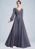 Aurora A-line V-Neck Floor-Length Chiffon Mother of the Bride Dress With Pleated Appliques Lace Sequins STKP0021652