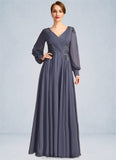 Aurora A-line V-Neck Floor-Length Chiffon Mother of the Bride Dress With Pleated Appliques Lace Sequins STKP0021652