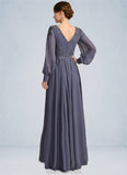 Aurora A-line V-Neck Floor-Length Chiffon Mother of the Bride Dress With Pleated Appliques Lace Sequins STKP0021652