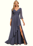 Andrea A-line V-Neck Floor-Length Chiffon Mother of the Bride Dress With Cascading Ruffles STKP0021653