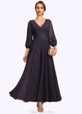 Olive A-line V-Neck Ankle-Length Chiffon Lace Mother of the Bride Dress With Sequins STKP0021655