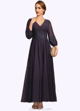 Olive A-line V-Neck Ankle-Length Chiffon Lace Mother of the Bride Dress With Sequins STKP0021655