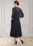 Charlee A-line Boat Neck Illusion Tea-Length Chiffon Lace Mother of the Bride Dress With Sequins STKP0021658