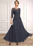 Joy A-line Scoop Illusion Ankle-Length Chiffon Lace Mother of the Bride Dress With Beading Rhinestone STKP0021659