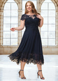 Allison A-line Scoop Illusion Tea-Length Chiffon Lace Mother of the Bride Dress With Sequins STKP0021664