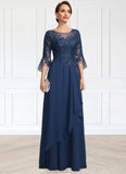 Rosemary A-line Scoop Illusion Floor-Length Chiffon Lace Mother of the Bride Dress With Cascading Ruffles Sequins STKP0021671