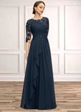 Cheyenne A-line Scoop Floor-Length Chiffon Lace Mother of the Bride Dress With Cascading Ruffles Sequins STKP0021673