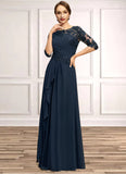 Cheyenne A-line Scoop Floor-Length Chiffon Lace Mother of the Bride Dress With Cascading Ruffles Sequins STKP0021673