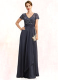 Kaley A-line V-Neck Floor-Length Chiffon Lace Mother of the Bride Dress With Beading Cascading Ruffles Sequins STKP0021675