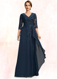 Journey A-line V-Neck Floor-Length Chiffon Lace Mother of the Bride Dress With Cascading Ruffles Sequins STKP0021691