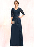 Journey A-line V-Neck Floor-Length Chiffon Lace Mother of the Bride Dress With Cascading Ruffles Sequins STKP0021691