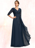 Journey A-line V-Neck Floor-Length Chiffon Lace Mother of the Bride Dress With Cascading Ruffles Sequins STKP0021691