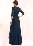 Journey A-line V-Neck Floor-Length Chiffon Lace Mother of the Bride Dress With Cascading Ruffles Sequins STKP0021691