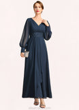 Macy A-line V-Neck Ankle-Length Chiffon Mother of the Bride Dress With Beading Cascading Ruffles Sequins STKP0021698