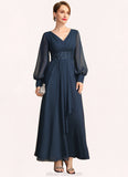 Macy A-line V-Neck Ankle-Length Chiffon Mother of the Bride Dress With Beading Cascading Ruffles Sequins STKP0021698