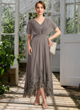 Amari A-line V-Neck Asymmetrical Chiffon Lace Mother of the Bride Dress With Pleated STKP0021699