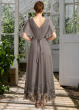 Amari A-line V-Neck Asymmetrical Chiffon Lace Mother of the Bride Dress With Pleated STKP0021699