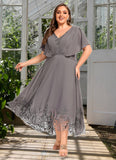 Amari A-line V-Neck Asymmetrical Chiffon Lace Mother of the Bride Dress With Pleated STKP0021699