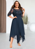 Rachael A-line Scoop Illusion Tea-Length Chiffon Lace Mother of the Bride Dress With Sequins STKP0021704