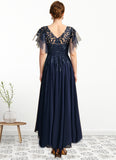 Kaila A-line Scoop Illusion Asymmetrical Chiffon Lace Mother of the Bride Dress With Sequins STKP0021712