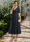 Genesis A-line V-Neck Tea-Length Lace Tulle Mother of the Bride Dress With Pleated STKP0021716