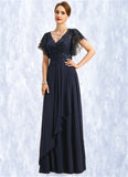 Adalyn A-line V-Neck Floor-Length Chiffon Lace Mother of the Bride Dress With Cascading Ruffles Sequins STKP0021738