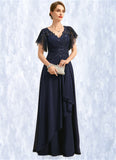 Adalyn A-line V-Neck Floor-Length Chiffon Lace Mother of the Bride Dress With Cascading Ruffles Sequins STKP0021738