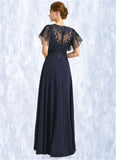 Adalyn A-line V-Neck Floor-Length Chiffon Lace Mother of the Bride Dress With Cascading Ruffles Sequins STKP0021738