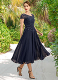 Justice A-line Asymmetrical Tea-Length Chiffon Lace Mother of the Bride Dress With Sequins STKP0021750