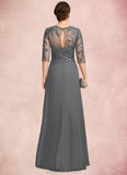 Julia Sheath/Column Scoop Illusion Floor-Length Chiffon Lace Mother of the Bride Dress With Pleated Sequins STKP0021757