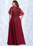 Faith A-line V-Neck Floor-Length Chiffon Lace Mother of the Bride Dress With Sequins STKP0021767