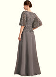 Kaitlyn A-line V-Neck Floor-Length Chiffon Lace Mother of the Bride Dress With Rhinestone Crystal Brooch STKP0021782