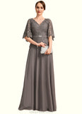 Kaitlyn A-line V-Neck Floor-Length Chiffon Lace Mother of the Bride Dress With Rhinestone Crystal Brooch STKP0021782