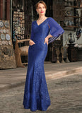 Maya Trumpet/Mermaid V-Neck Floor-Length Chiffon Lace Mother of the Bride Dress With Sequins STKP0021795